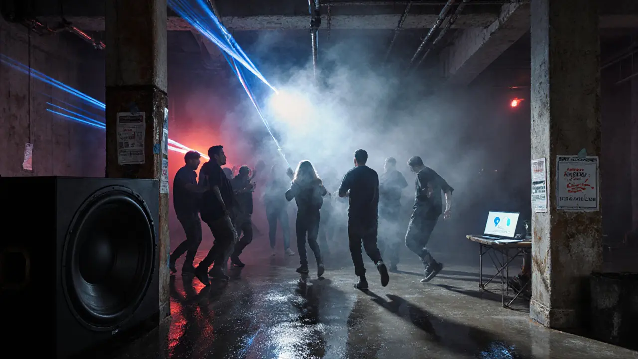 Silhouetted dancers in a smoky underground warehouse lit by pulsing lasers and bass vibrations.