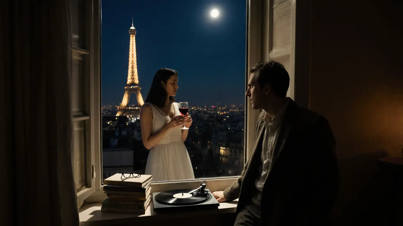 Silhouetted figures at a window overlooking the Eiffel Tower, with a jazz record playing inside.
