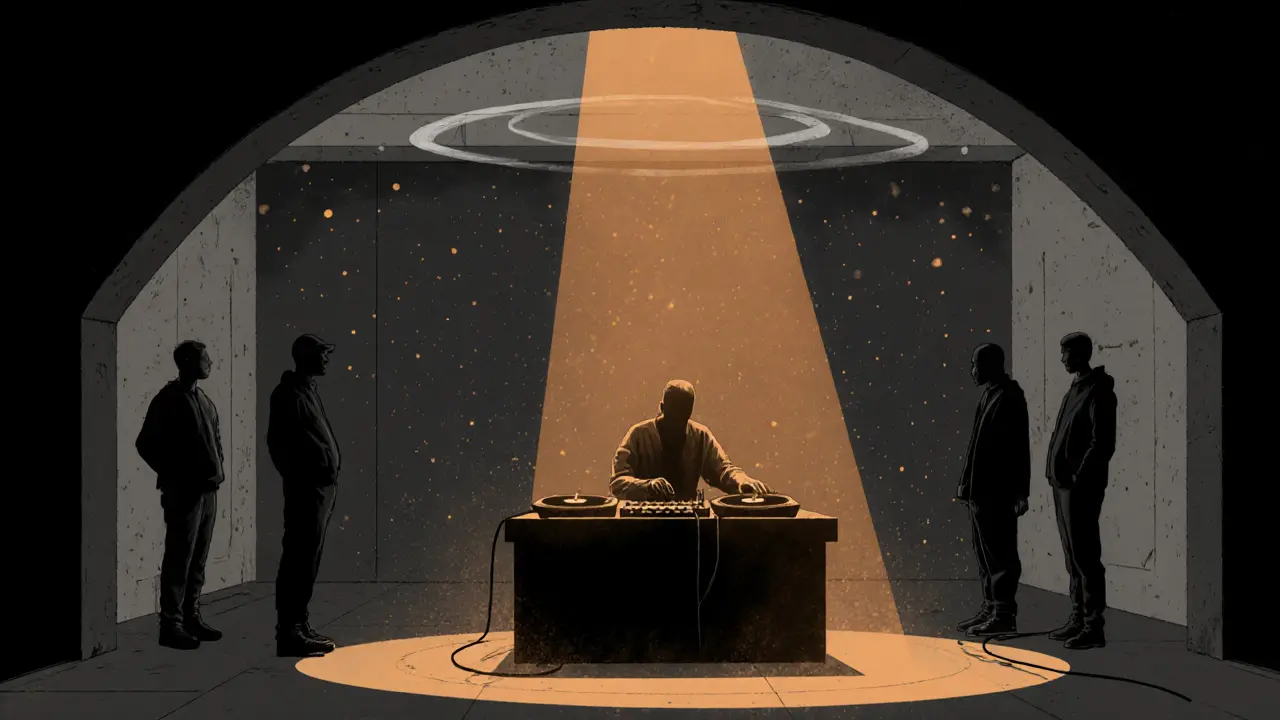 Silhouettes in a concrete underground club with dim amber light and sound waves rippling through the air.