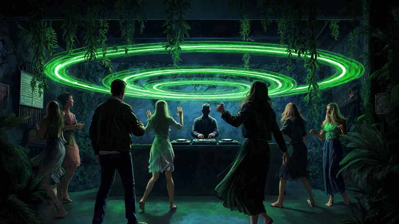 Surreal jungle club interior with glowing sound waves swirling around dancers, DJ silhouetted behind vinyl decks, no text or signs.