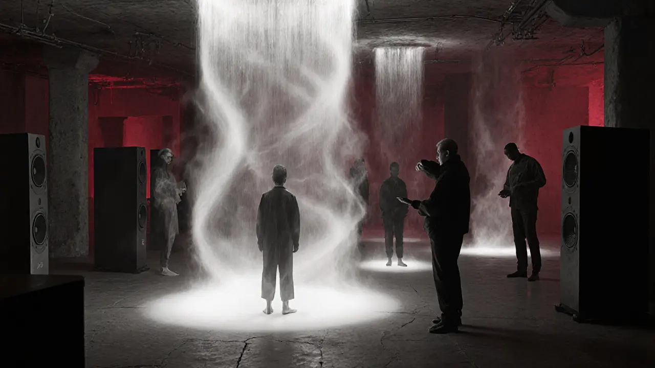 Surreal sound waves rising from speakers, people immersed in music, monochrome with crimson accents.