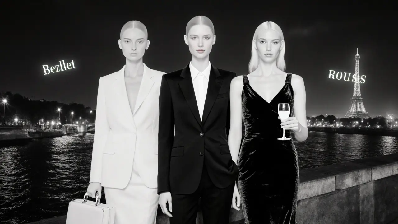 Three silhouettes of a woman merge into one, representing her multiple identities against the Seine at night.