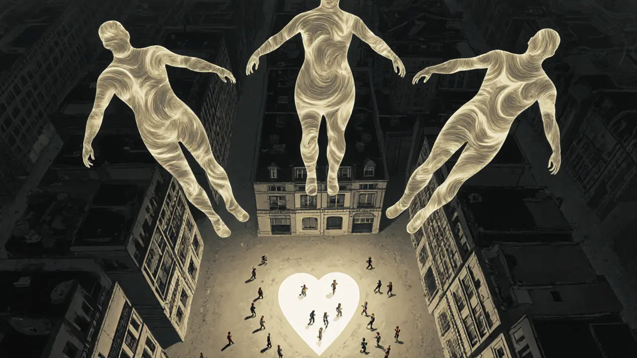 Three translucent DJs made of sound waves floating above Paris, Matignon glowing below as a hidden heart of nightlife.