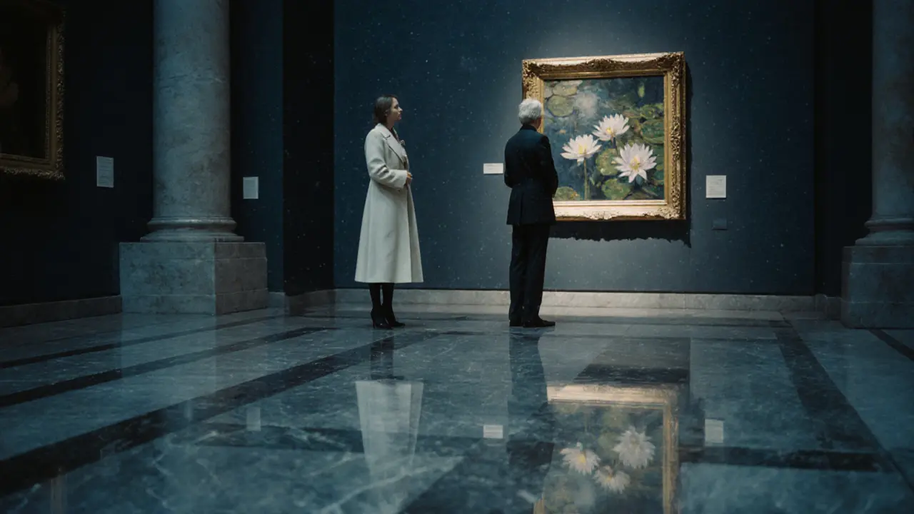 Two people admire a Monet painting in the empty Musée d&#039;Orsay after hours, bathed in soft museum lighting.