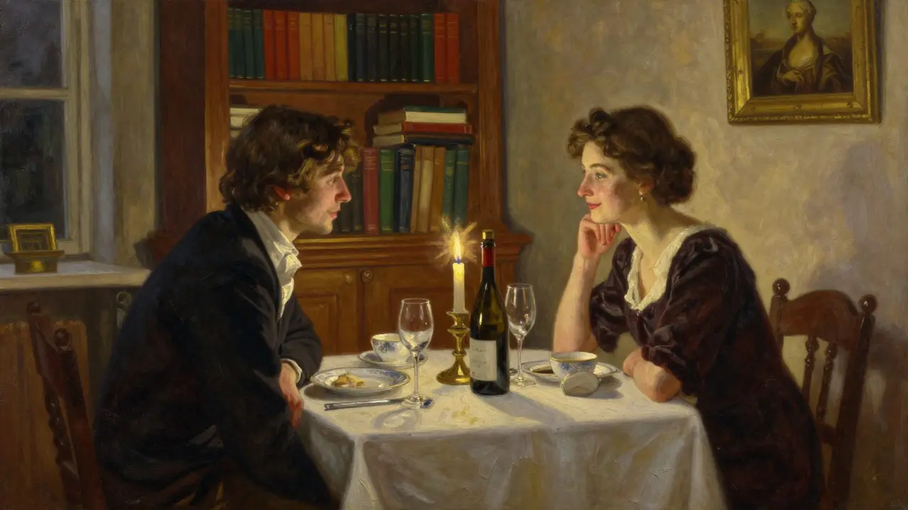 Two people share a quiet dinner in a refined apartment, engaged in thoughtful conversation under soft candlelight.