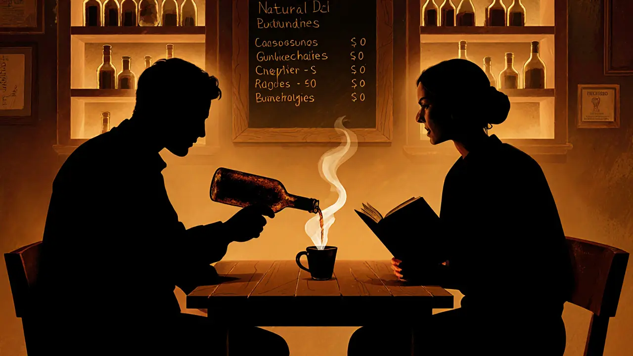 Two people share a quiet moment in a cozy Paris wine bar, one pouring wine, the other reading, surrounded by bottles and soft amber lighting.