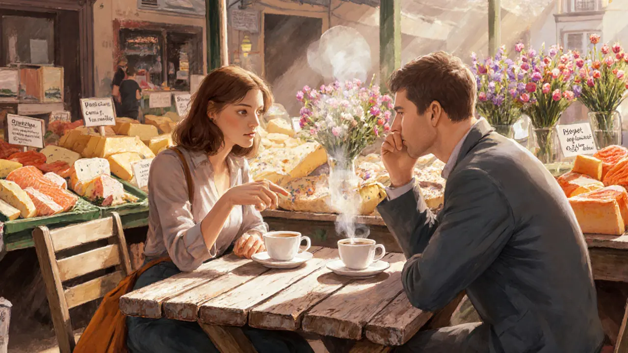 Two people share coffee at a bustling market stall in Paris, surrounded by fresh cheese, smoked salmon, and flowers.
