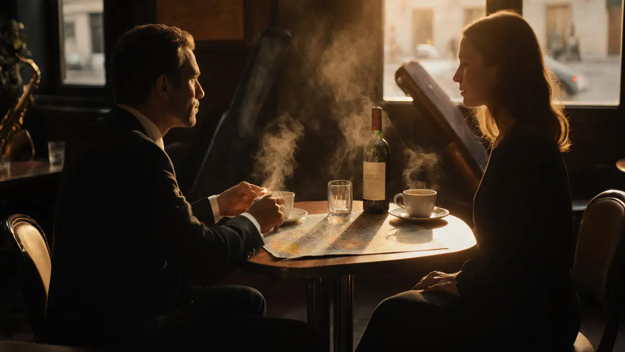 Two people share coffee at a discreet Paris café, jazz case nearby, soft twilight lighting.