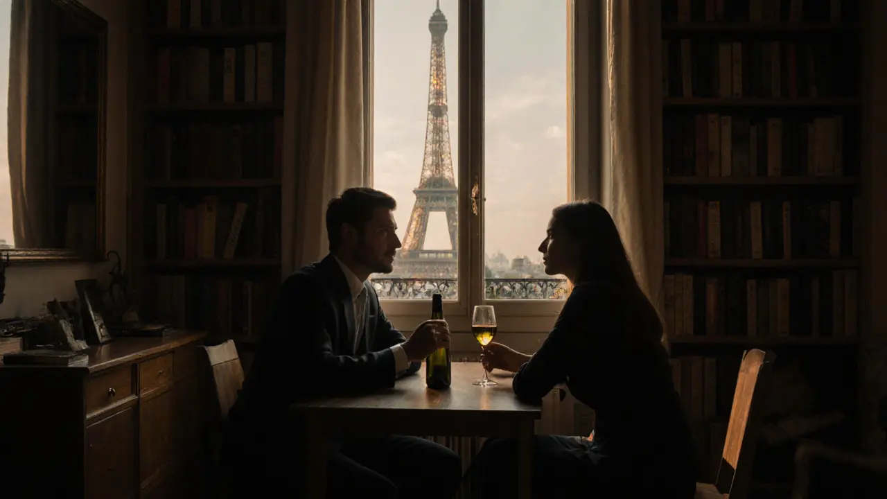 Two people share quiet conversation over wine in a softly lit Parisian apartment.