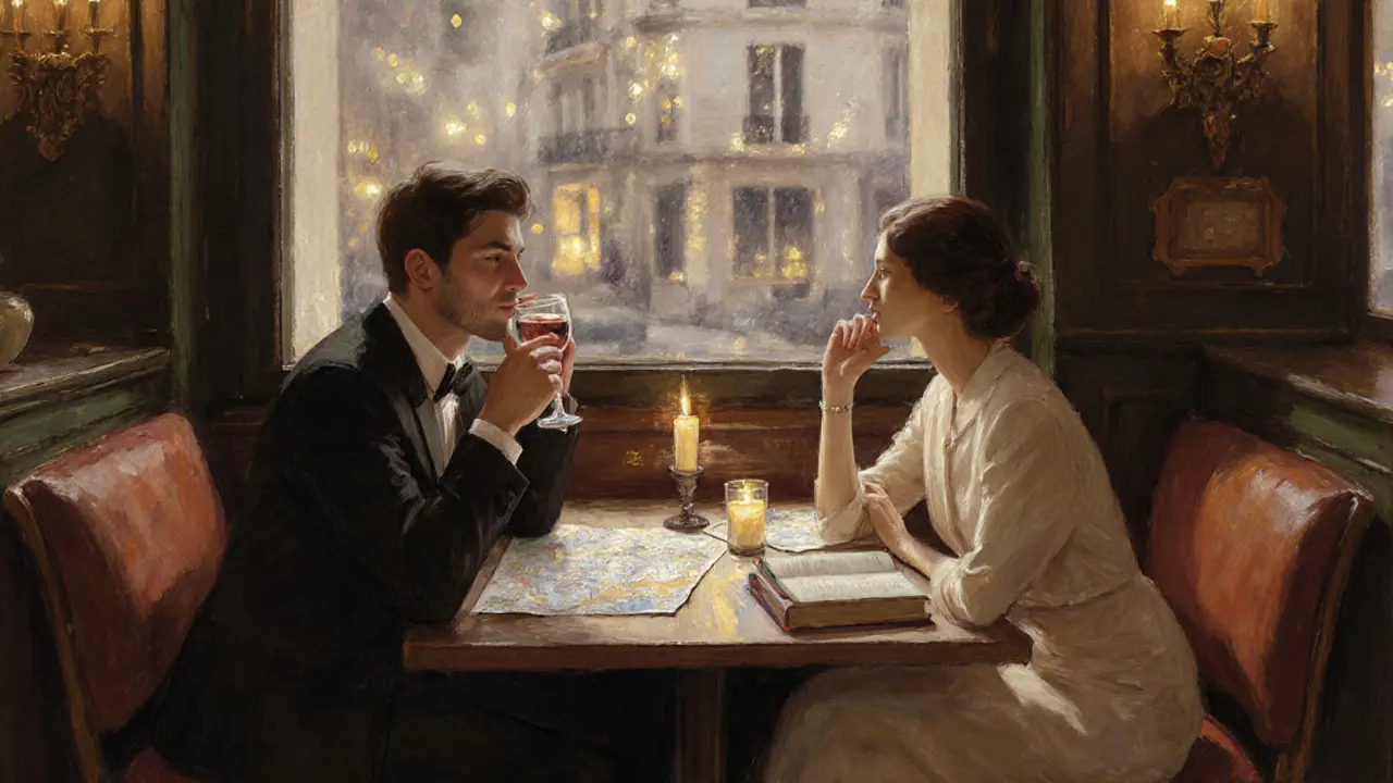 Two people share wine at a cozy Paris bistro, engaged in thoughtful conversation.