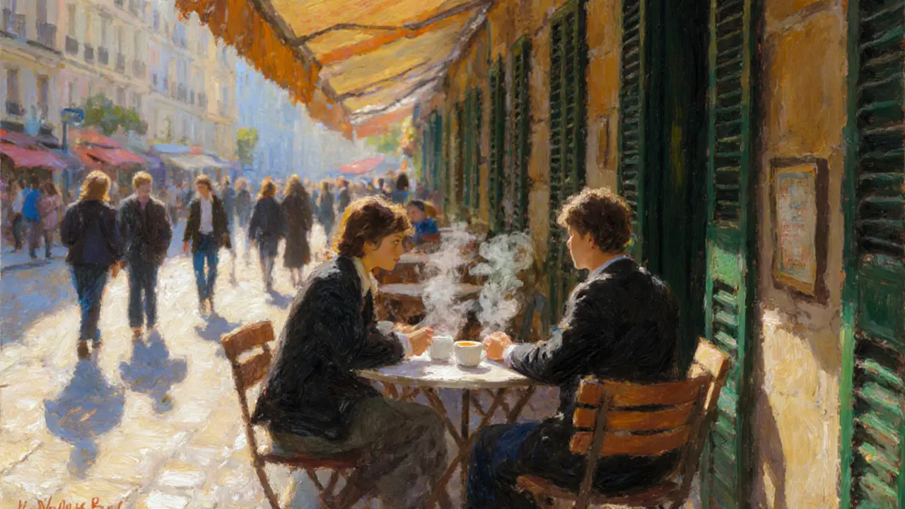 Two people sit at a café terrace in Saint-Germain-des-Prés, enjoying espresso under soft afternoon light.