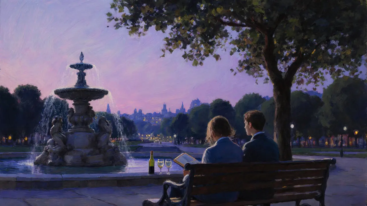Two people sitting peacefully on a bench in Parc Montsouris at dusk, sharing quiet companionship.