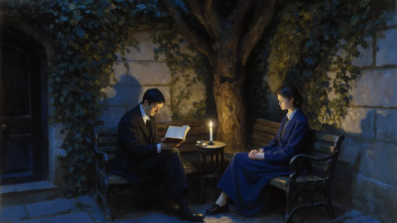 Two people sitting silently on a bench under a tree at twilight, candlelight between them.