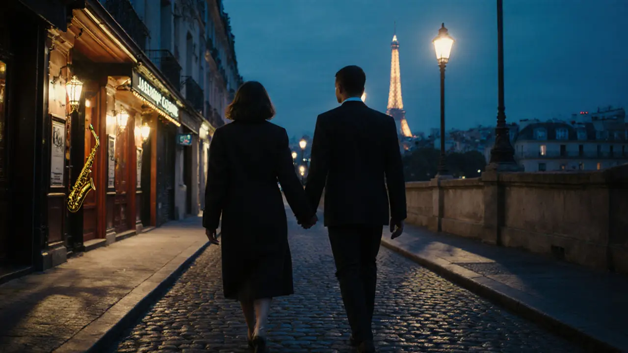 Two people walking hand in hand through Montmartre at night, jazz club lights glowing nearby.