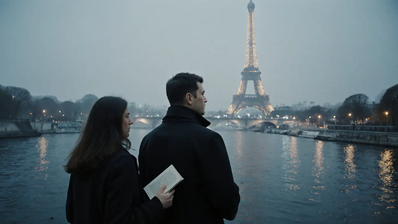 Two people walking peacefully along the Seine at dusk, the Eiffel Tower glowing in the distance.