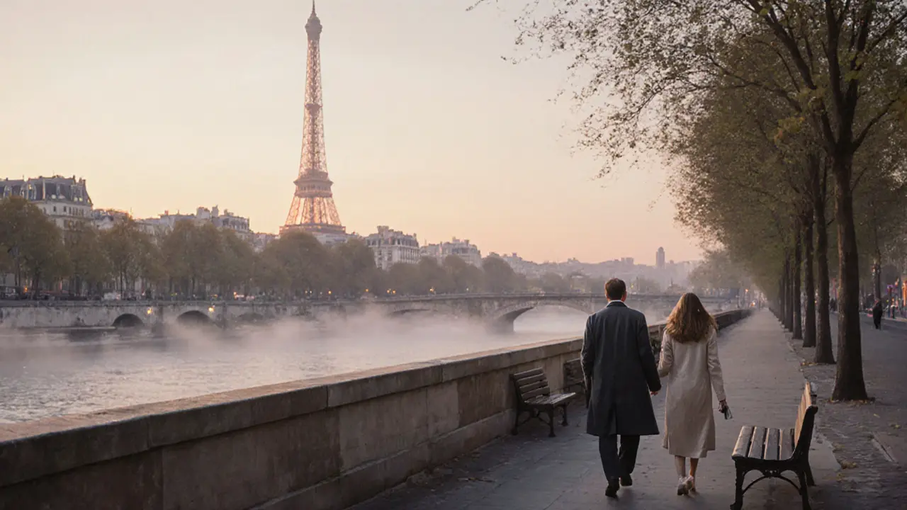 Two people walking peacefully along the Seine at sunrise, city quiet and empty.