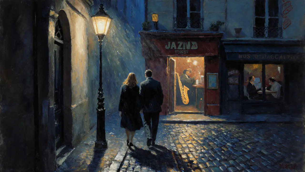 Two people walking through a rain-dampened Montmartre alley at midnight.