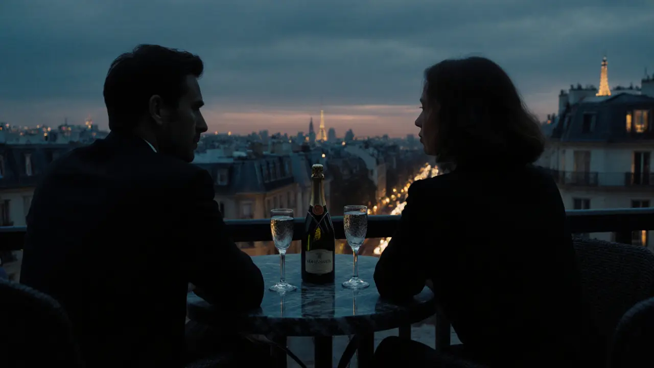 Two silhouettes sit in silent contemplation on a Paris rooftop at twilight, city lights glowing softly in the background.