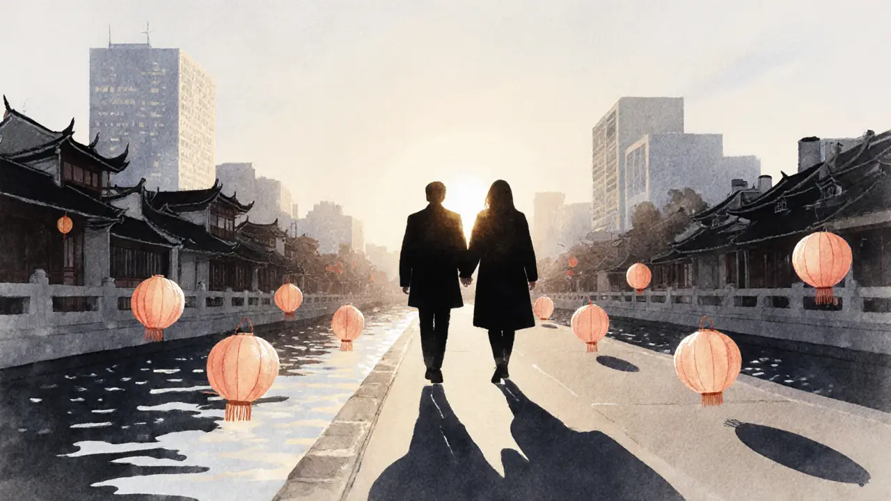 Two silhouettes walking by canal at sunset, lanterns floating, symbolizing subtle emotional presence.