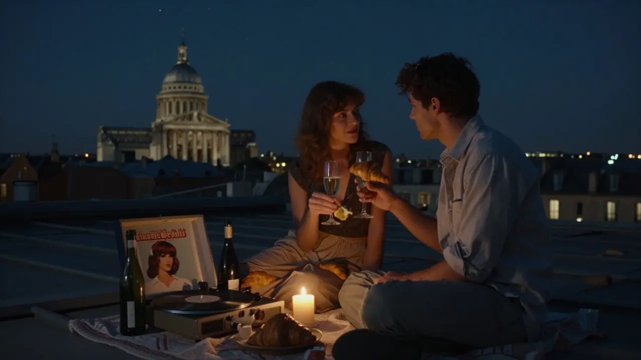 A couple enjoys a midnight rooftop picnic in Paris with champagne, a record player, and the Panthéon in the distance.