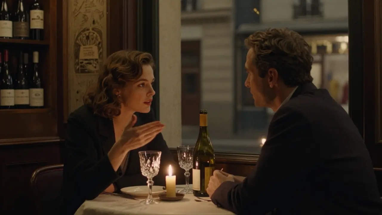 A couple shares a quiet evening at a cozy Paris bistro, candlelight glowing on wine glasses and intimate conversation.