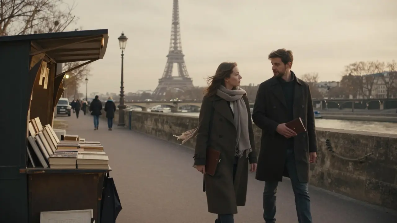 A couple walking peacefully along the Seine at sunset, the Eiffel Tower visible in the distance, no physical contact, only quiet companionship.