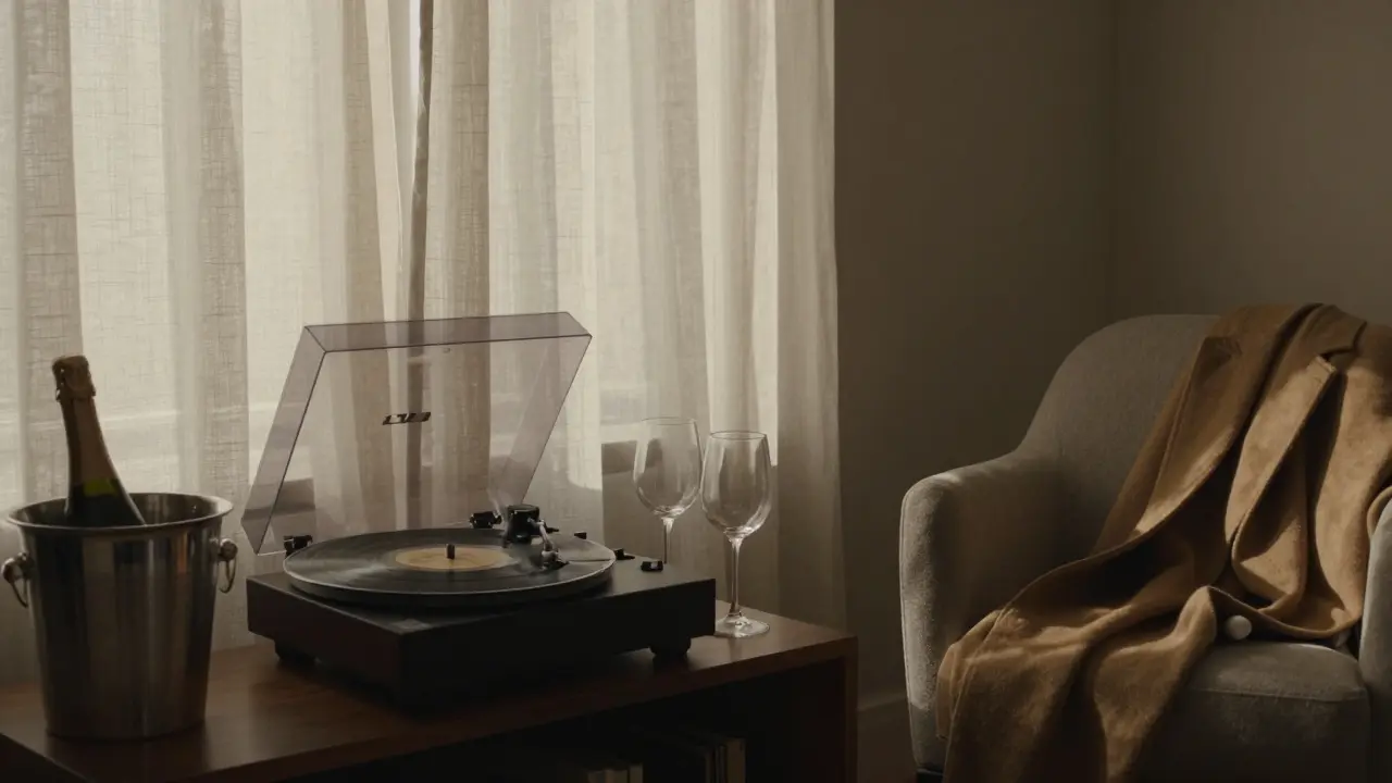 A cozy apartment interior with a record player, champagne chilling, and warm ambient light, conveying quiet intimacy.