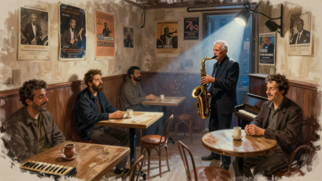 A cramped jazz basement with an elderly musician playing saxophone under a single spotlight, patrons lost in the music.