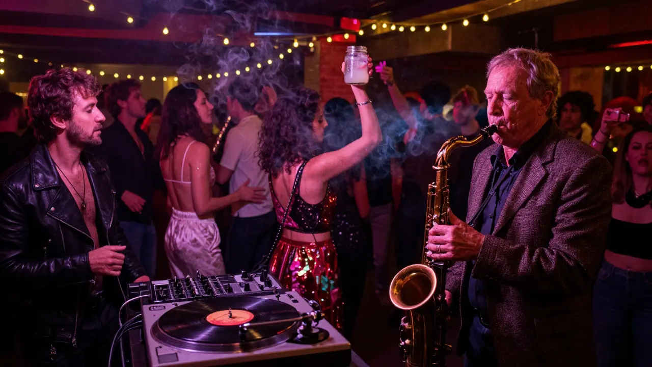 A diverse crowd dancing in a dimly lit club, an older man playing saxophone beside a DJ booth.