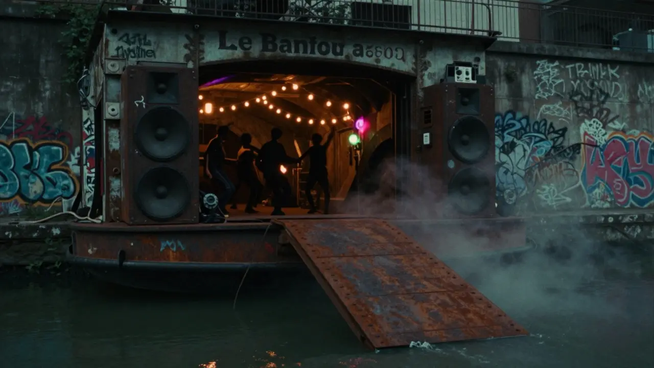 A floating nightclub on a canal at midnight, dimly lit interior with silhouettes dancing amid graffiti-covered walls.