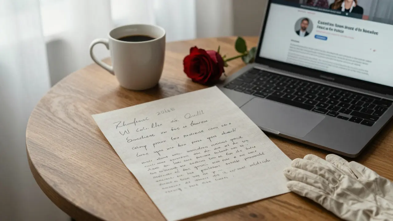 A handwritten note and coffee cup rest beside a laptop displaying a professional escort profile in Paris.