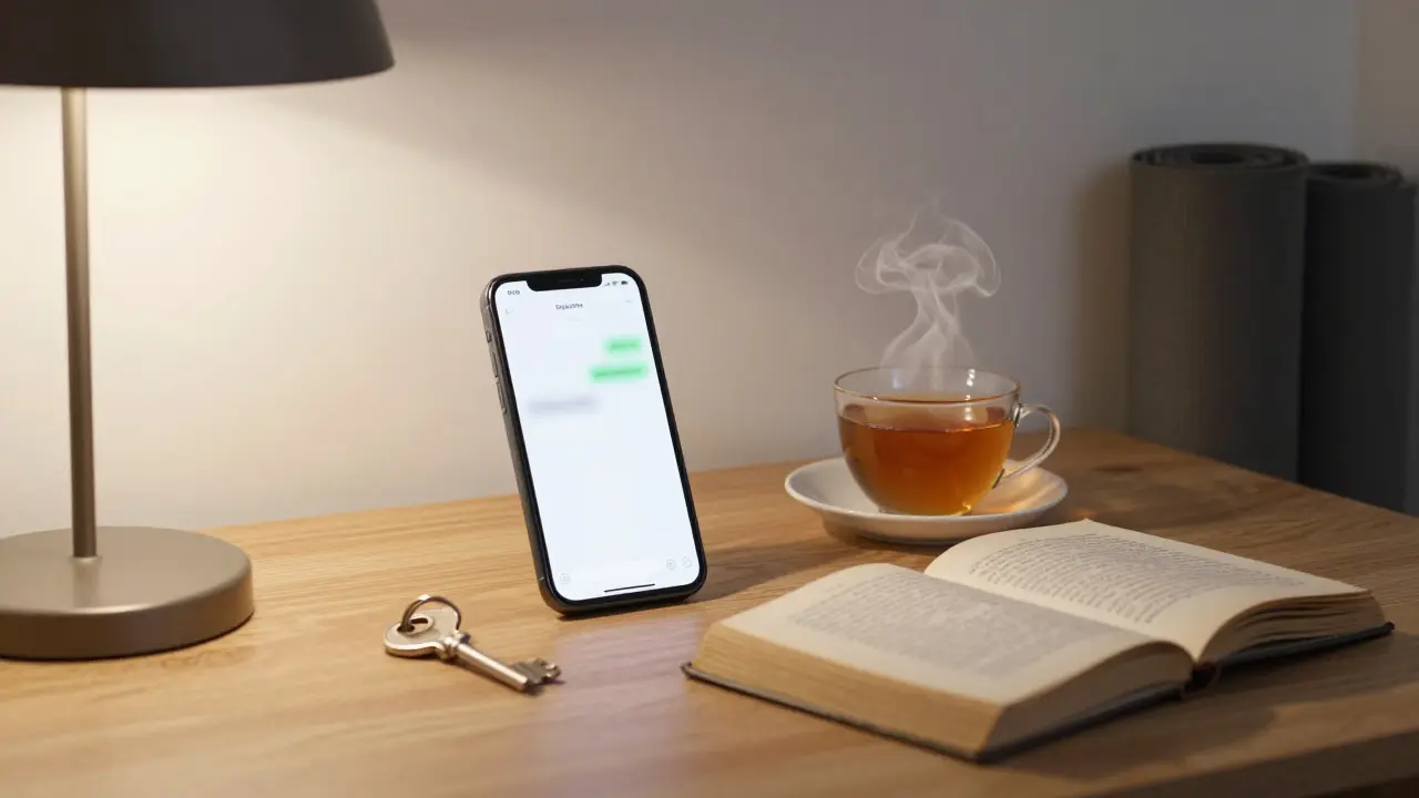 A key and tea cup on a wooden table beside a blurred phone screen, symbolizing privacy and personal boundaries in Paris.
