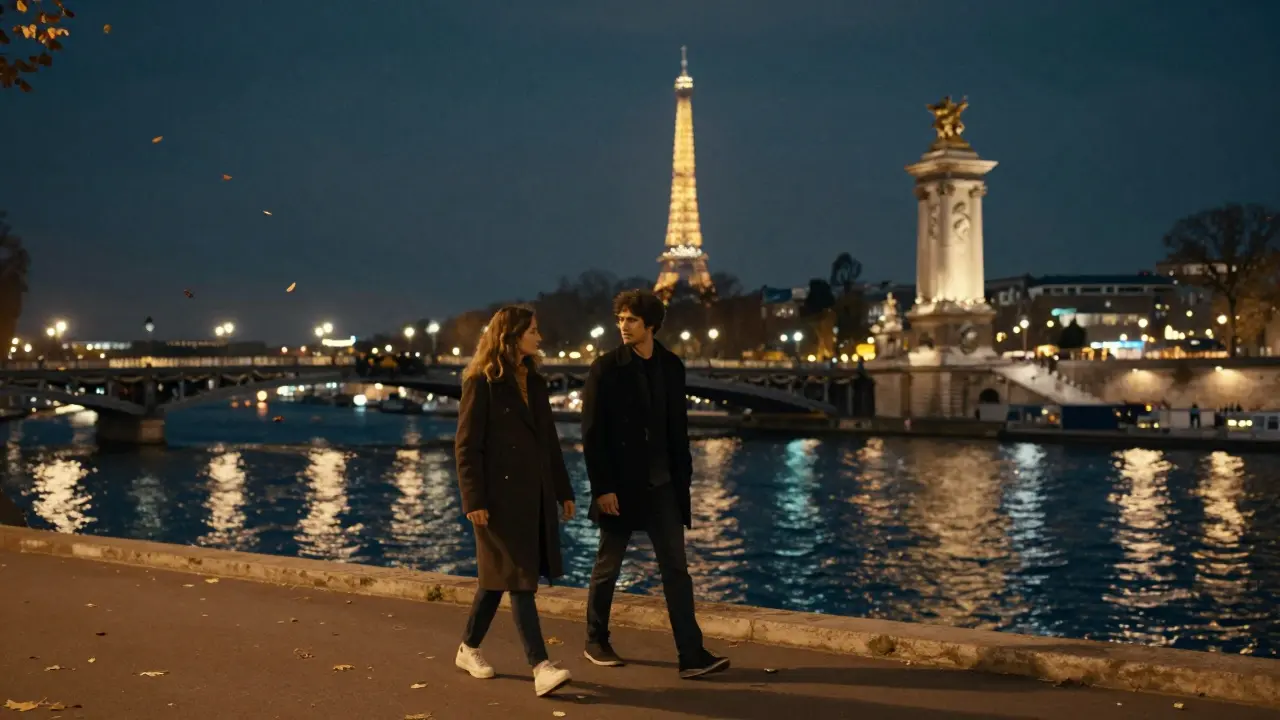A man and woman walking peacefully across Pont Alexandre III at night under string lights.