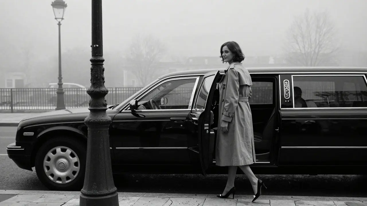 A mysterious figure walks away from a private club at dawn, disappearing into misty Paris streets.