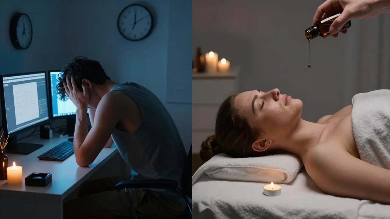 A person transitioning from stressed at a desk to relaxed during a massage.