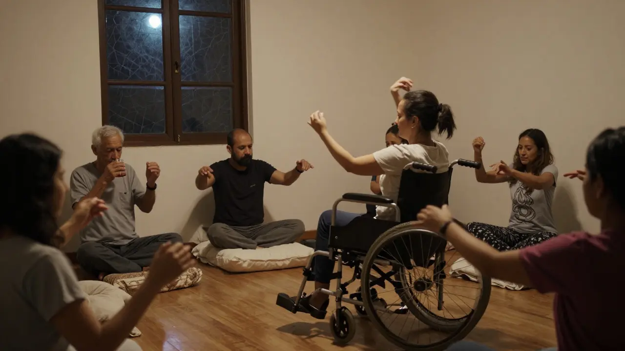 A quiet corner at dawn with people dancing silently, one in a wheelchair, bathed in moonlight.