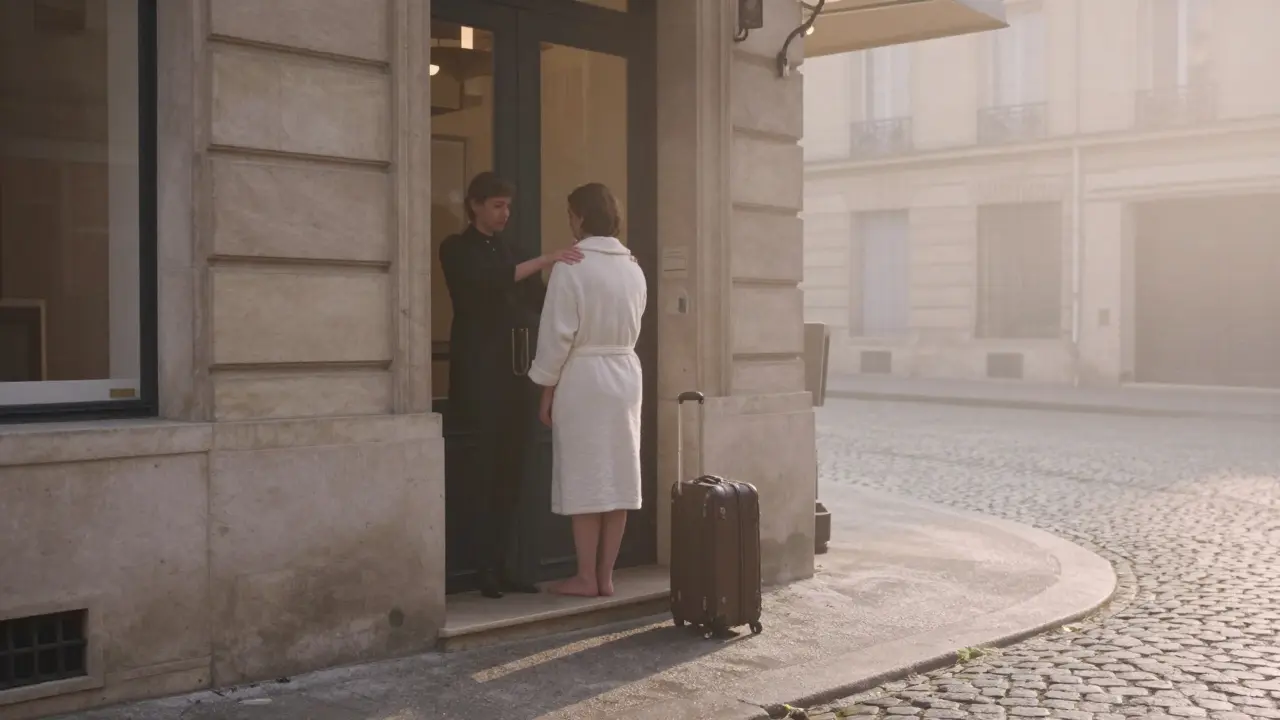 A quiet Parisian hotel at dawn, with a guest receiving a massage inside, symbolizing calm and dignity.
