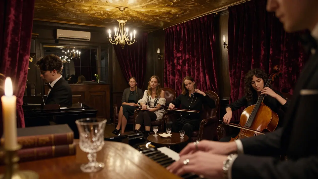 A quiet salon with a piano player and cellist, illuminated by candlelight in a luxurious, dimly lit room.