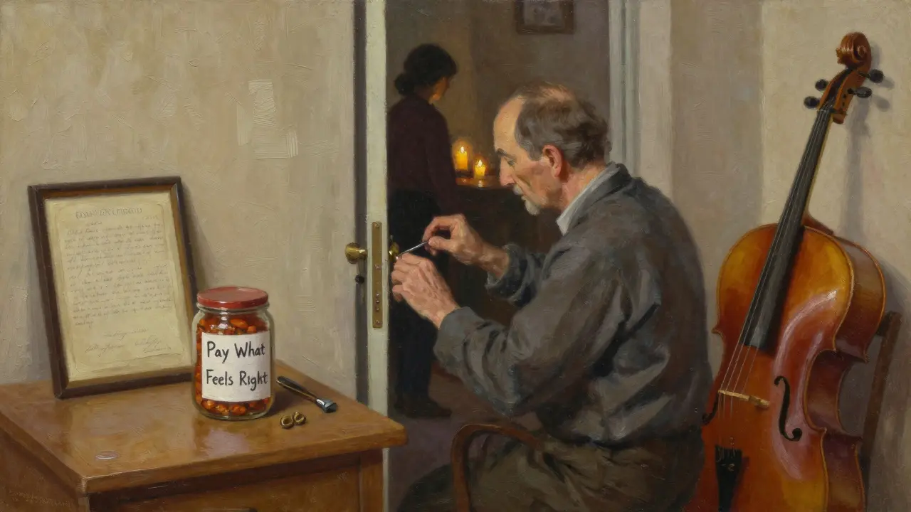A retired locksmith repairing a door at Glazart Paris, with a donation jar and handwritten letter beside candlelit walls.