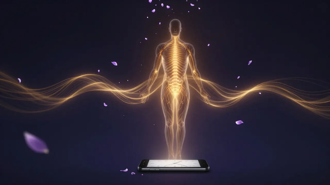 A silhouette radiating calming golden waves, symbolizing stress relief and inner peace, with floating lavender petals.