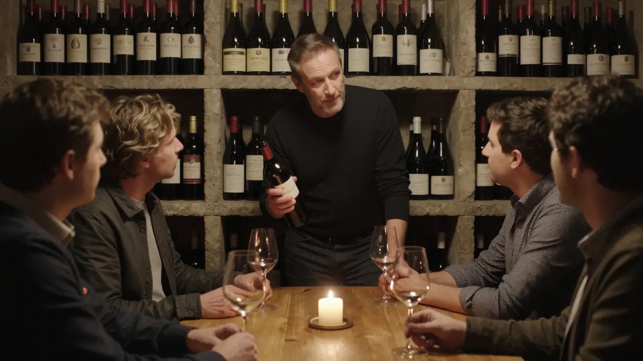 A sommelier and two clients share a quiet wine tasting in a candlelit cellar, surrounded by bottles of Bordeaux.