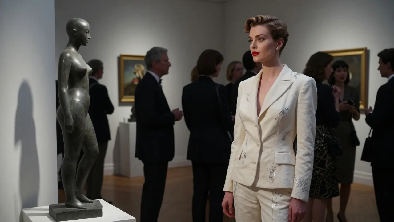 A sophisticated model beside a modern sculpture at an exclusive art gallery, commanding attention with serene presence.