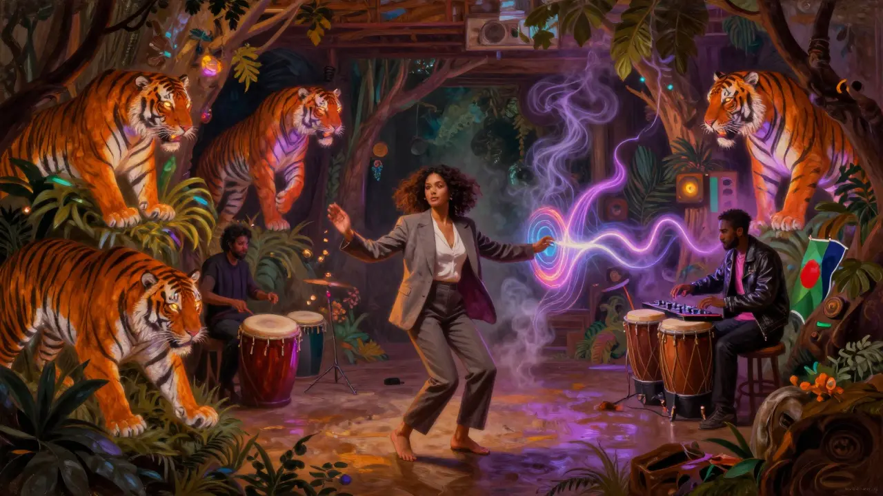 A wild interior with jungle murals, dancers moving under neon lights and glowing sound waves.