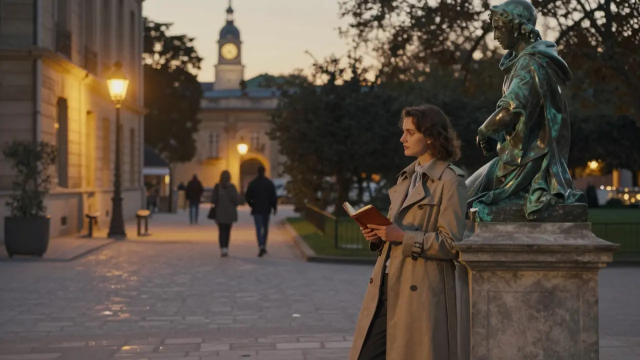 A woman pauses by a statue in Luxembourg Gardens, twilight lighting, Musée d&#039;Orsay visible in background.
