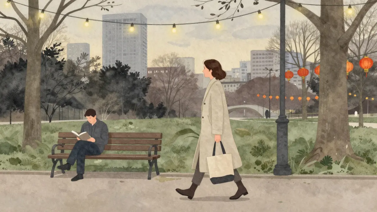 A woman walking alone through Parc de Bercy at dusk, surrounded by string lights and distant high-rises, calm and autonomous.