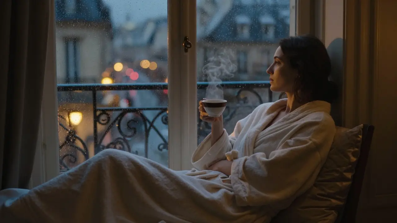 A woman wrapped in a robe, gazing out a rainy window after a massage, tea steaming beside her.