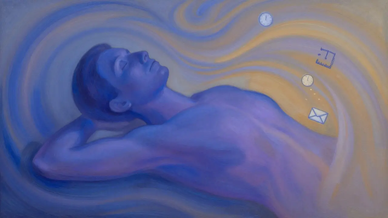 An abstract art piece showing stress dissolving into calm through flowing colors.