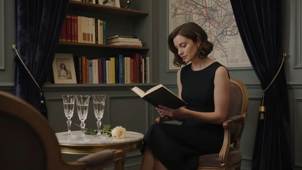 An elegant private salon with velvet drapes, champagne flutes, and art books under soft lamplight.