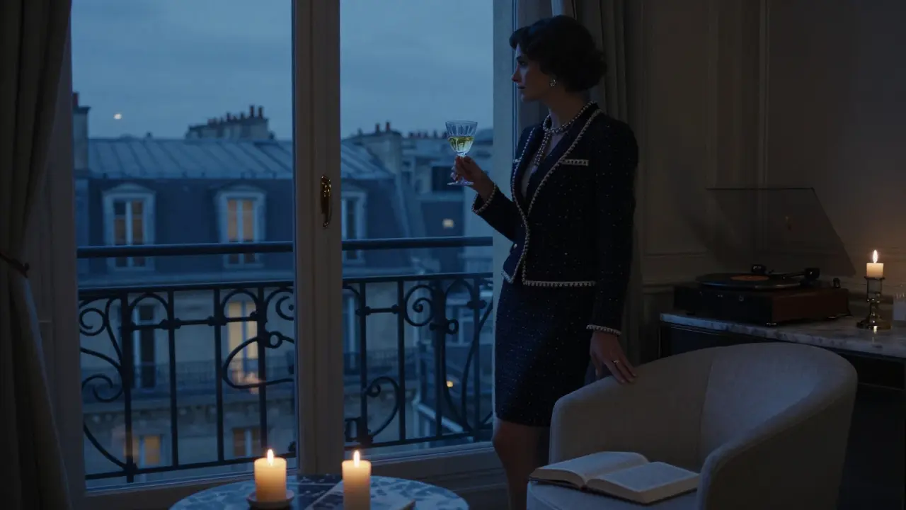 An elegant woman standing by a window in a Paris apartment, holding a glass of absinthe as soft jazz plays and city lights glow outside.