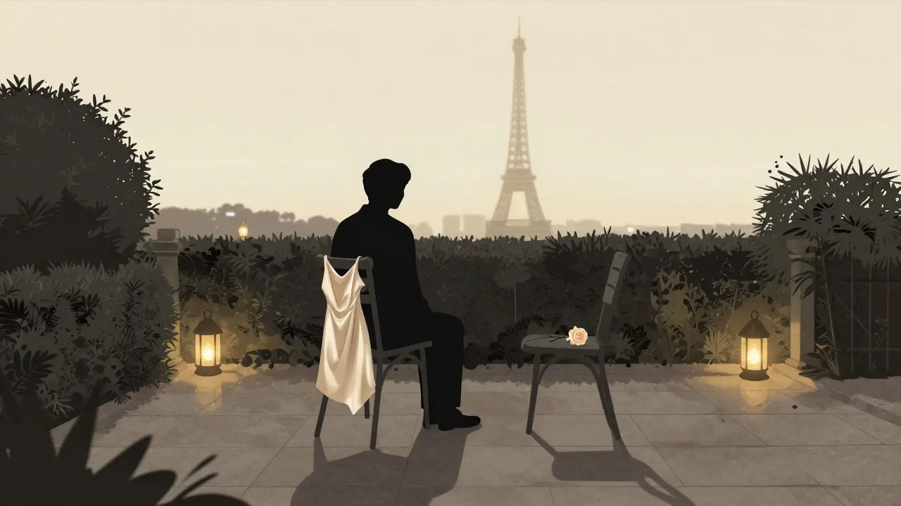 An empty chair on a garden terrace holds a folded dress and a rose, symbolizing thoughtful companionship at twilight.